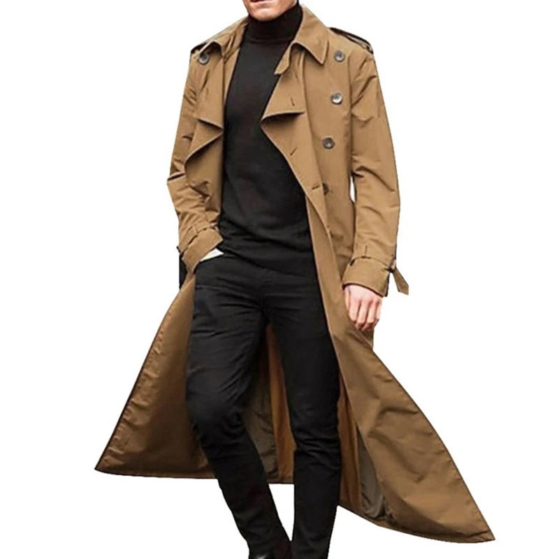 M&T Wear Men’s Vintage Long Trench Coat – Double-Breasted Business Overcoat