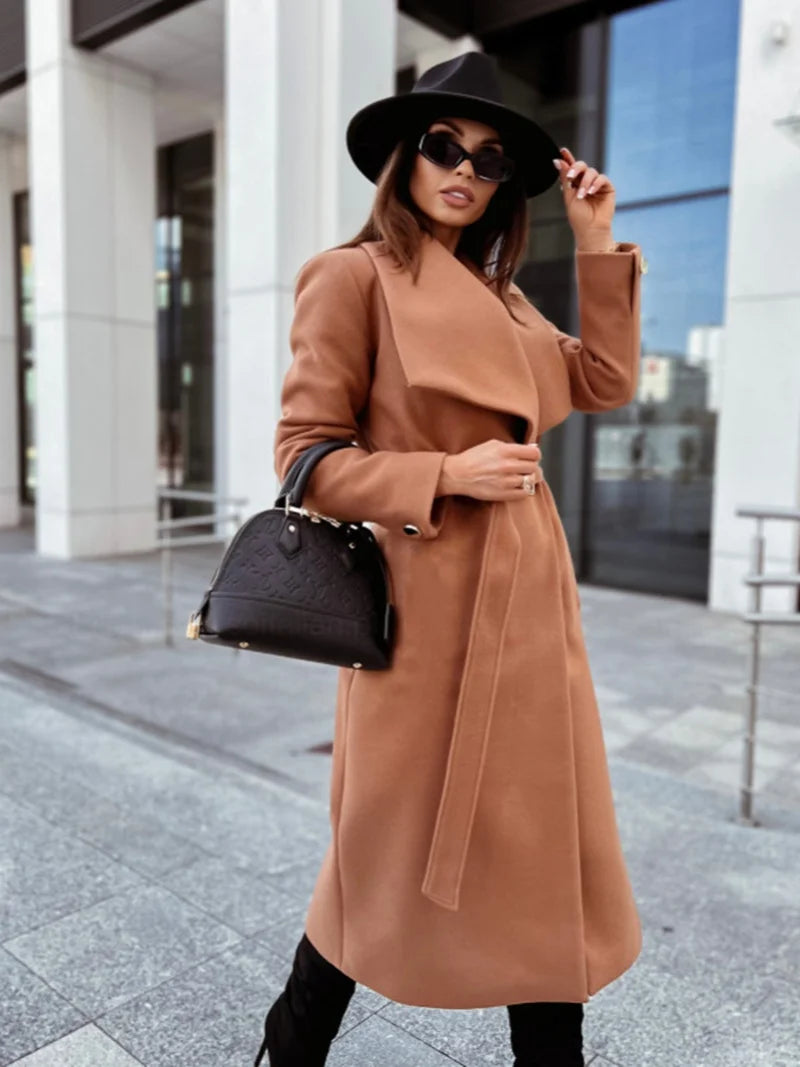 Women's Coat - Belted Wrap Winter Overcoat with Wide Lapel, Button-Free Design for Chic Casual Style