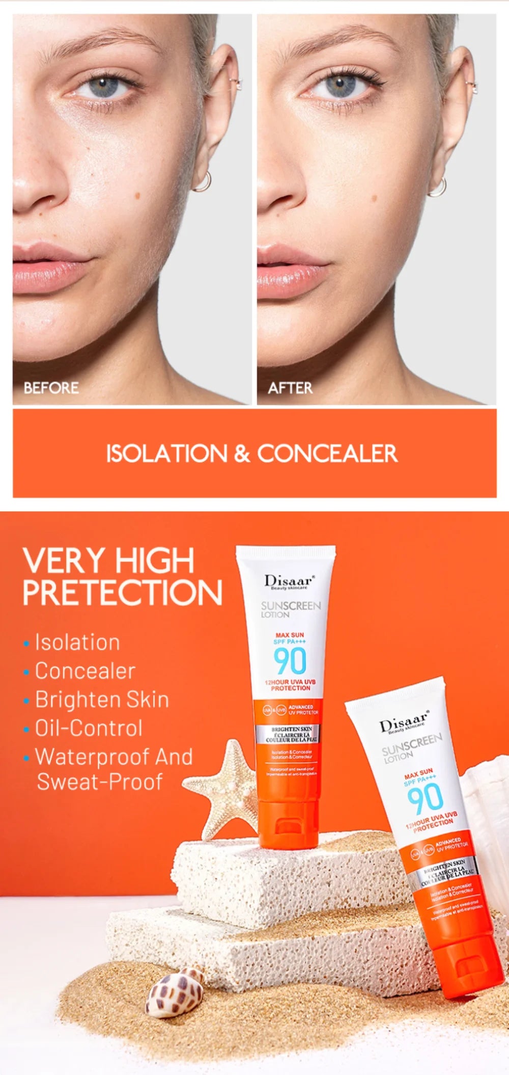 50ml Facial Body Sunscreen Whitening Sun Cream Sunblock Skin Protective Cream Anti-Aging Oil-control Moisturizing SPF 90+++ Face