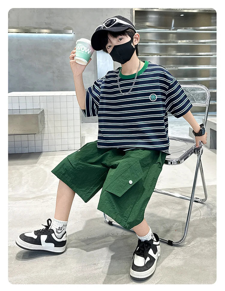 M&T Wear - Kids Striped Summer Suit for Boy with Shorts 2 Piece Cotton Clothing Set Children Top and Bottom Clothes Set Tracksuit Age 5-14Y