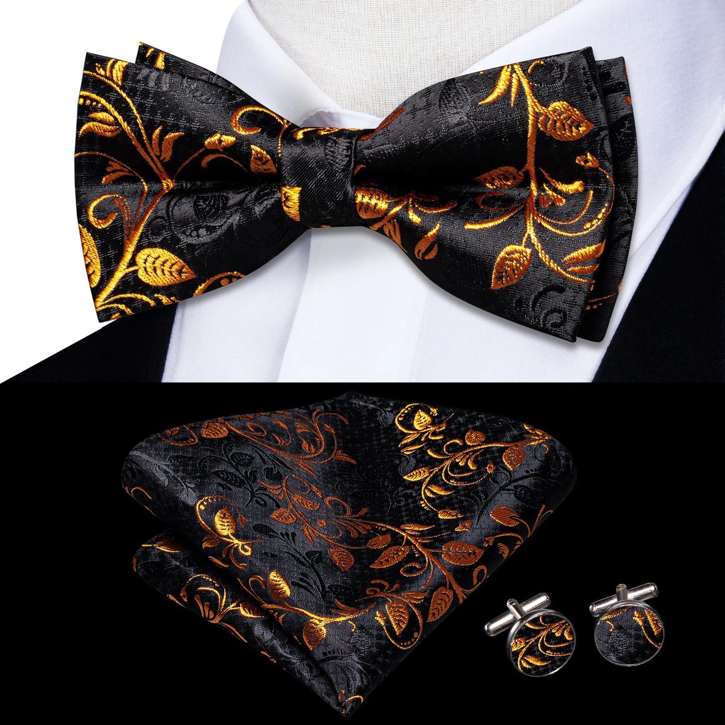 Hi-Tie 60 Color Classic Bow Ties for Men Silk Butterfly Pre-Tied Male Bowtie Pocket Square Cufflinks Set Jacquard Paisley Floral