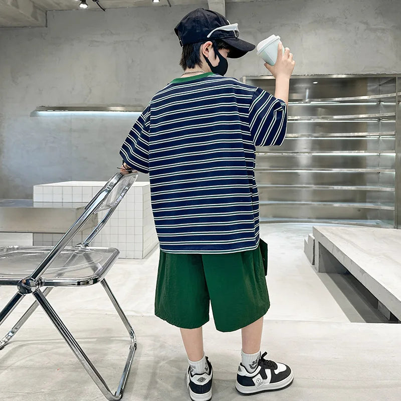 M&T Wear - Kids Striped Summer Suit for Boy with Shorts 2 Piece Cotton Clothing Set Children Top and Bottom Clothes Set Tracksuit Age 5-14Y