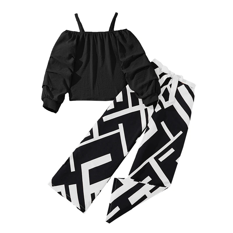 M&T Wear - Kids Clothing Sets For Girls Khaki Off-shoulder Long sleeve Top & Stripe Printing Pants Summer Resort Style Children Suits OOTD