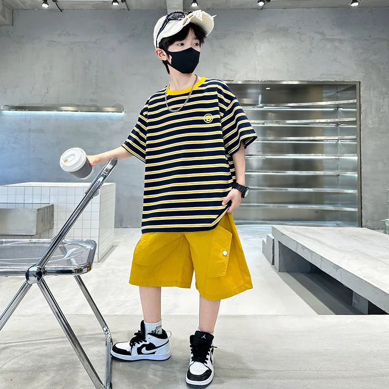 M&T Wear - Kids Striped Summer Suit for Boy with Shorts 2 Piece Cotton Clothing Set Children Top and Bottom Clothes Set Tracksuit Age 5-14Y