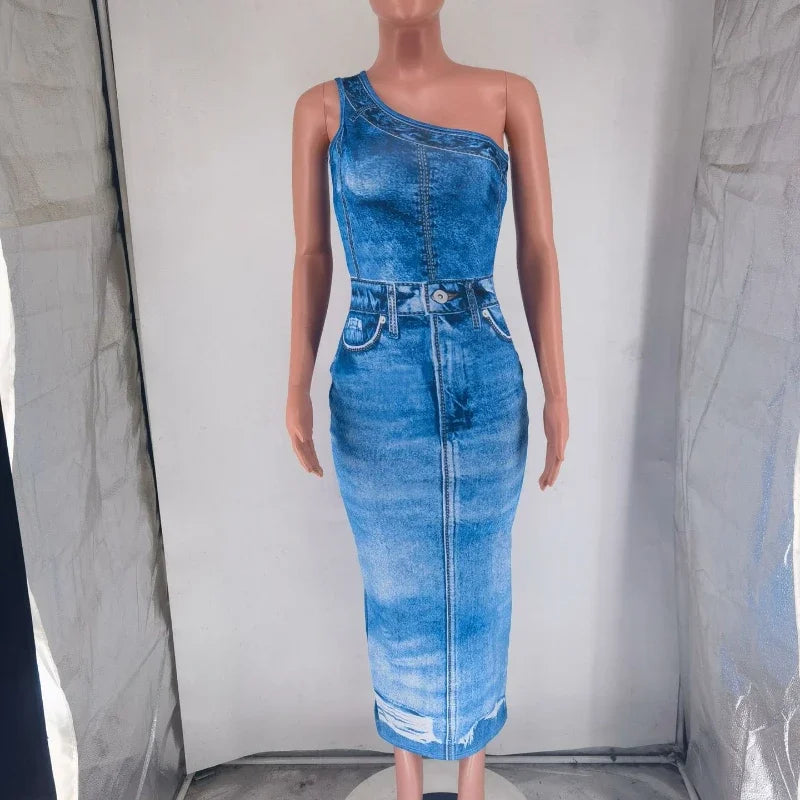 M&T Wear- Fake Denim 3D Print One Shoulder Bodycon Maxi Dress Women 2025 Party Night Sleeveless Clubwear Birthday Long Dresses Vestido