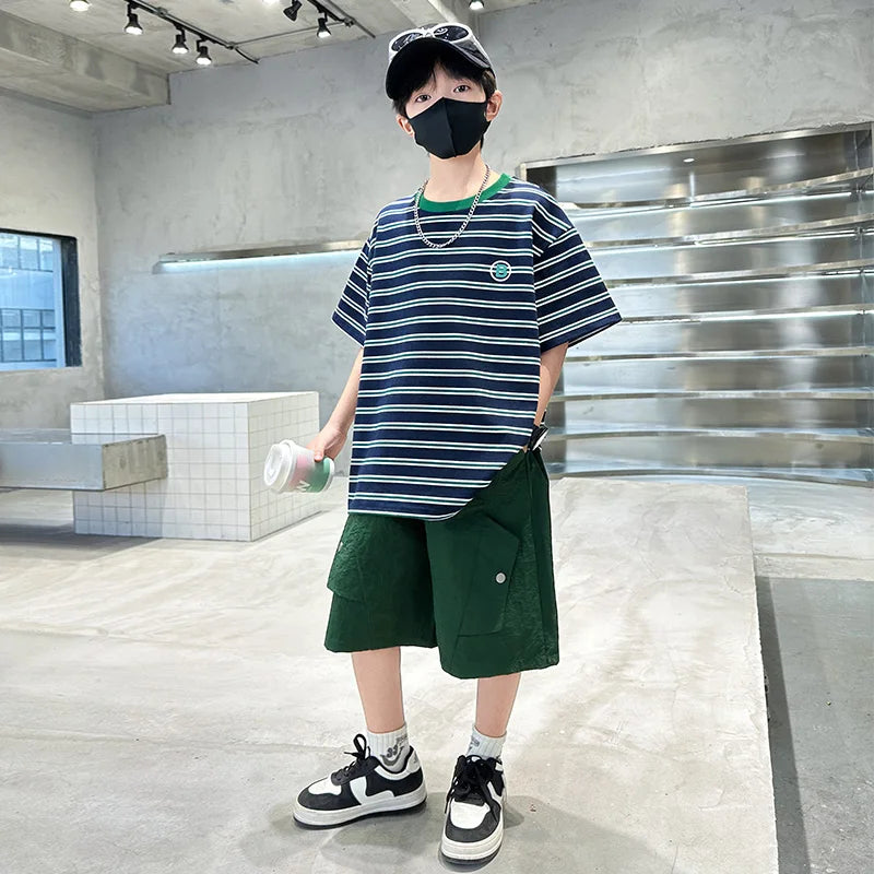 M&T Wear - Kids Striped Summer Suit for Boy with Shorts 2 Piece Cotton Clothing Set Children Top and Bottom Clothes Set Tracksuit Age 5-14Y