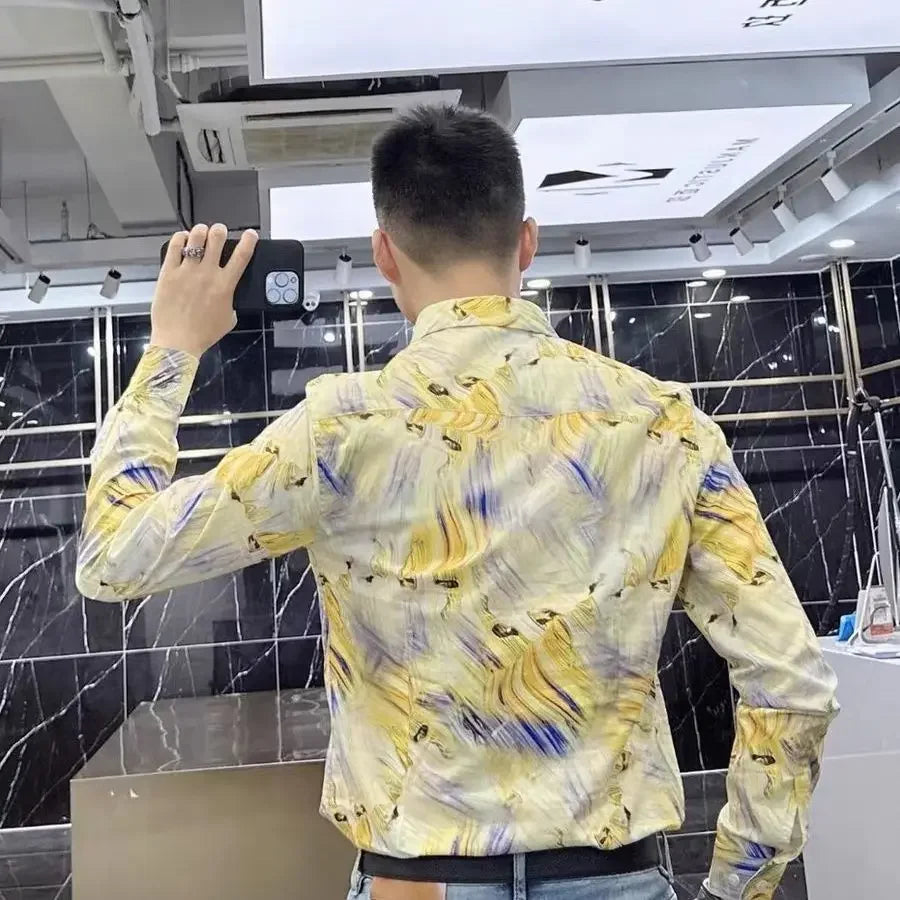 M&T Wear - Spring and Autumn High-end Long-sleeved Men's Fancy Shirt Micro-Stretched Slim Personalized Fashion Printed Shirt