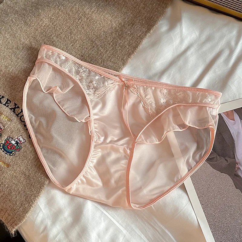 M&T Wear - Women Ruffle Edge Sexy Lace Mesh Satin Transparent Underwear Thin Breathable High Elasticity Low Waist Seamless Panties Breifs
