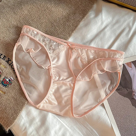 M&T Wear - Women Ruffle Edge Sexy Lace Mesh Satin Transparent Underwear Thin Breathable High Elasticity Low Waist Seamless Panties Breifs