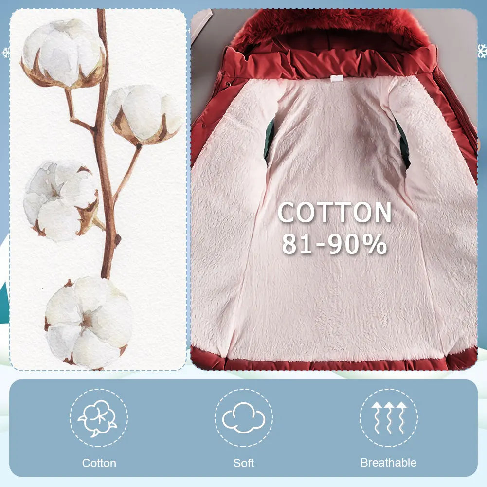 M&T Wear - Children's Winter Jacket Thick Warm Fur Collar Hood Beads Elastic Waist Teens Girls Down Coat,Fashion Windproof Kids Overcoat