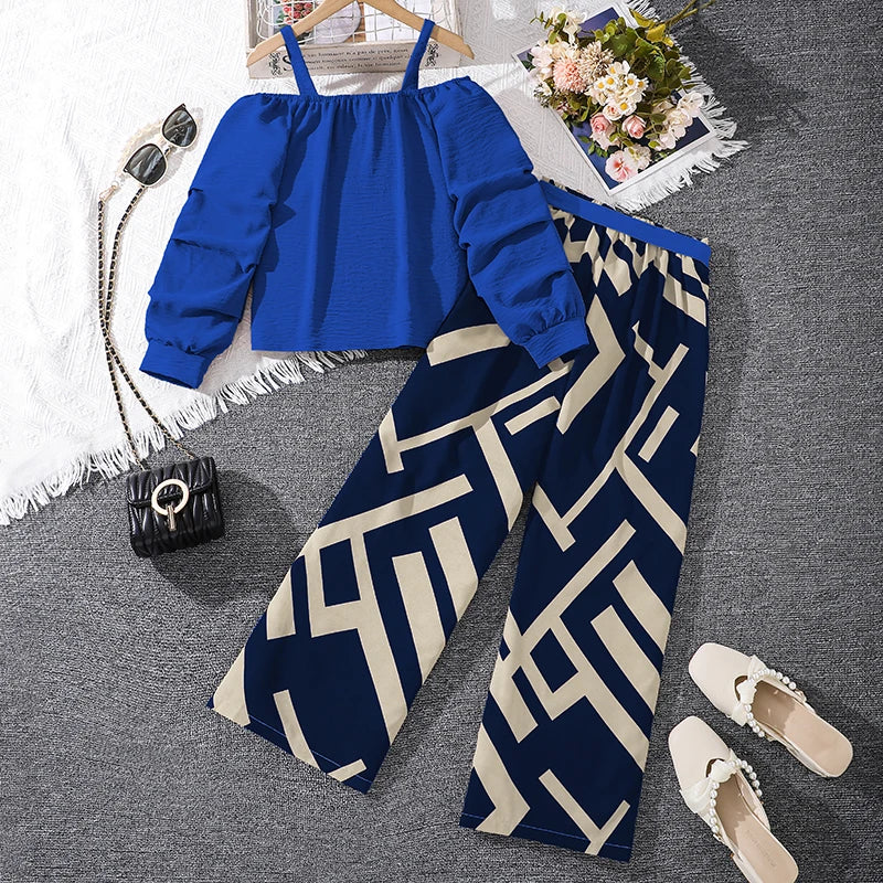 M&T Wear - Kids Clothing Sets For Girls Khaki Off-shoulder Long sleeve Top & Stripe Printing Pants Summer Resort Style Children Suits OOTD