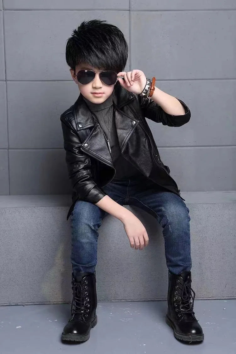 M&T Wear -  faux leather Jacket Children PU Coat Long Sleeve Zip Belt Locomotive Jacket Stylish Teen Kids Boys Jackets