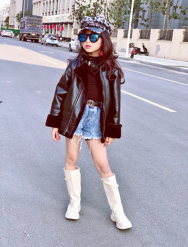 M&T Wear - Girls Jacket Leather Motorcycle Kids Coats Fleece Children Jacket Winter Autumn
