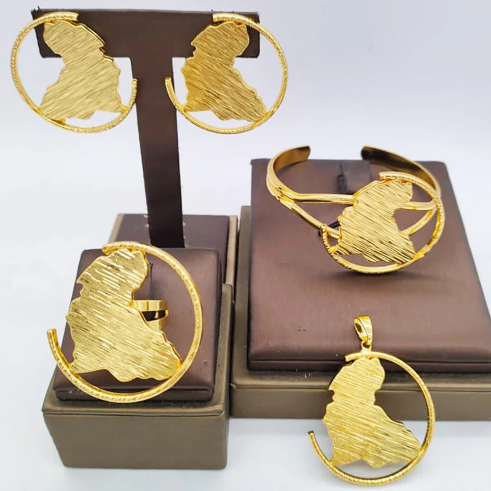M&T Wear - 4-Piece Bridal Jewelry Set with African Map Pendant, Earrings, Bangles & Adjustable Ring