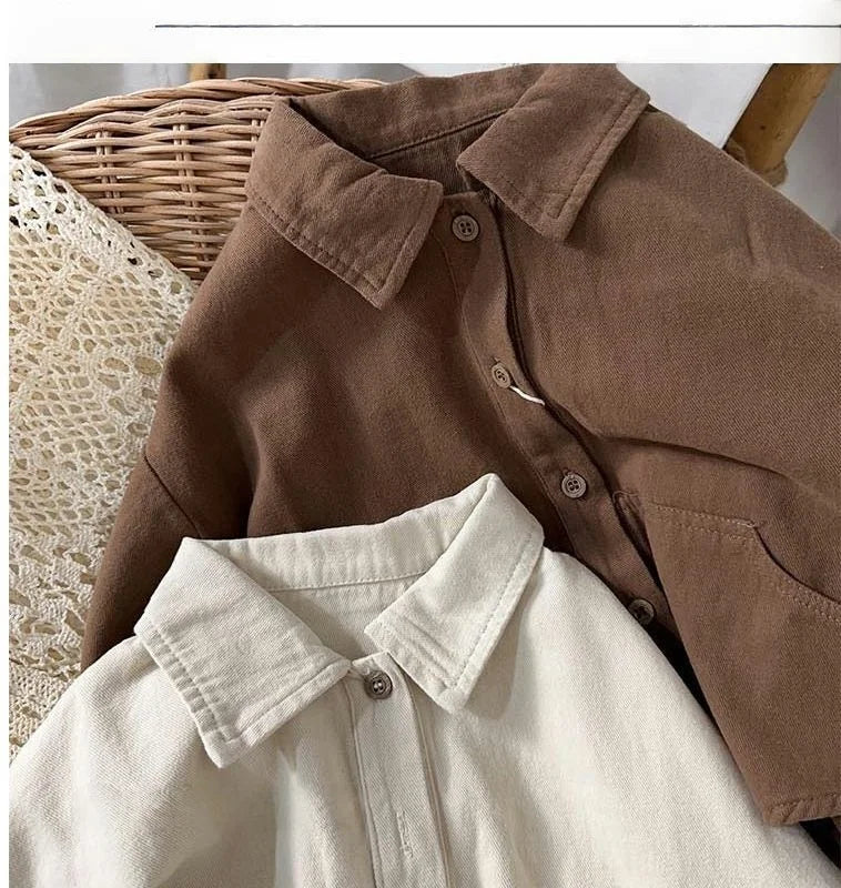 M&T Wear - Korean Children's Clothes 2025 Cotton Solid Color Long Sleeve Shirt for Boy 2-6Y Kids Blouse for Girls Loose Fit Casual Shirt