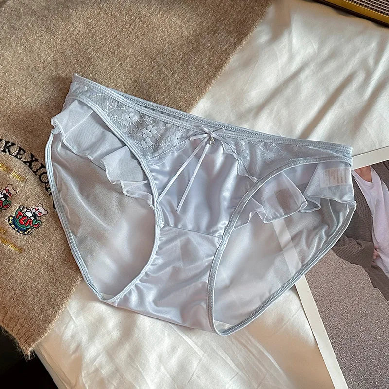 M&T Wear - Women Ruffle Edge Sexy Lace Mesh Satin Transparent Underwear Thin Breathable High Elasticity Low Waist Seamless Panties Breifs