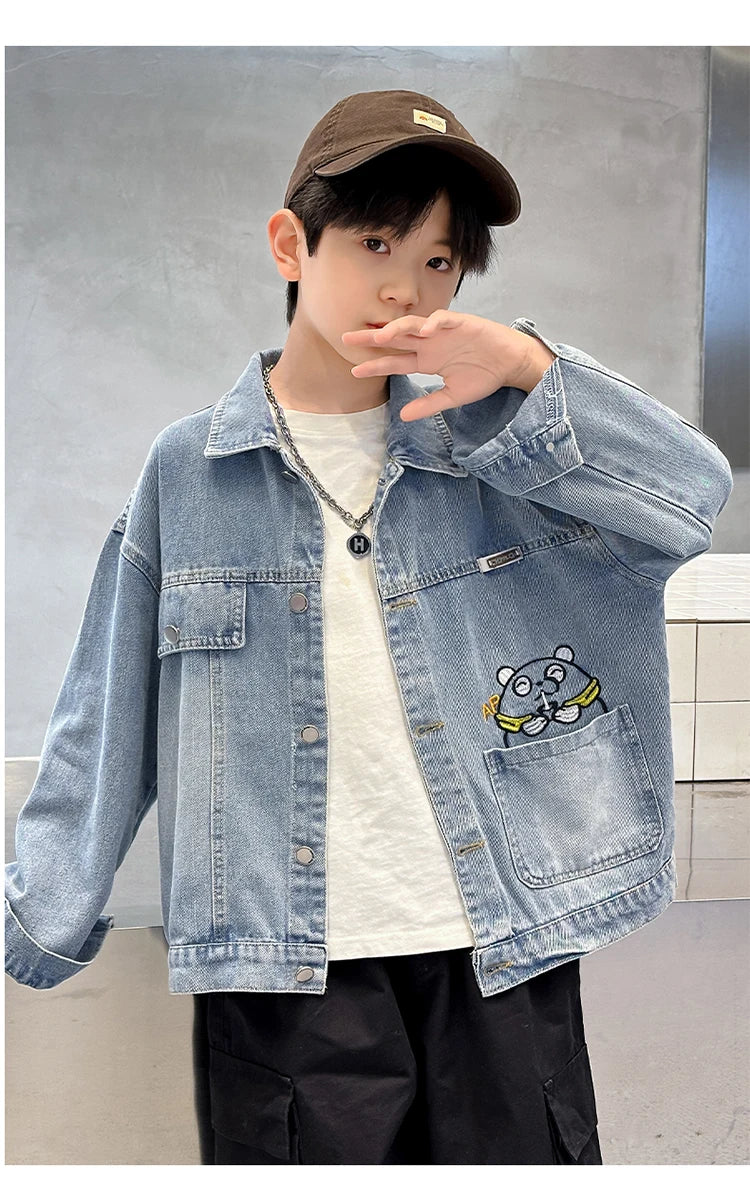 M&T Wear - Kids Denim Jacket Boys Jeans Coat Clothing Fashion Baby Boy Denim Jacket With Cartoon Embroidery Child Casual Streetwear Outfit