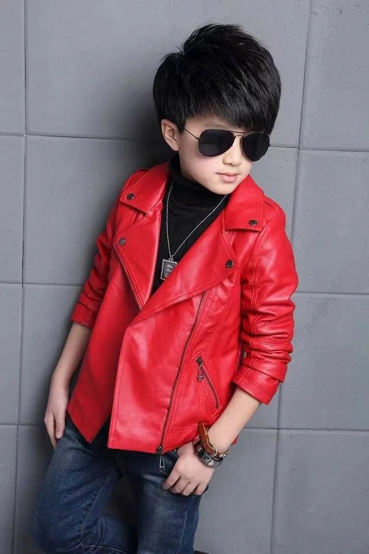 M&T Wear -  faux leather Jacket Children PU Coat Long Sleeve Zip Belt Locomotive Jacket Stylish Teen Kids Boys Jackets