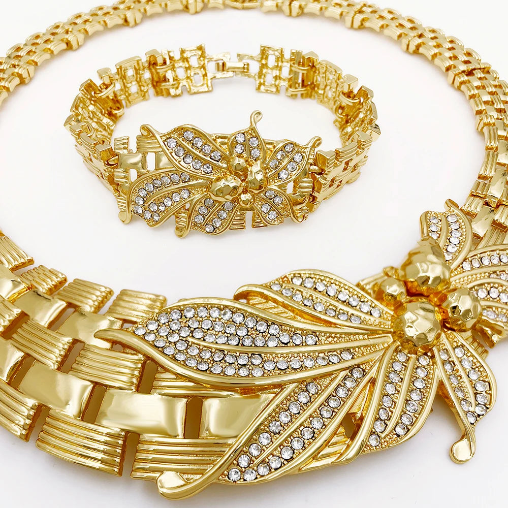 M&T Wear - Wedding Jewelry Set, 4-Piece Flower Choker Necklace, Bracelet, Earrings & Ring