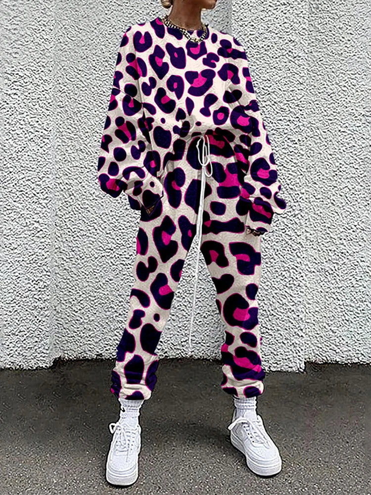 M&T Wear - Women Tracksuit Hipster Street Style Colorful Leopard Printed Casual Full Sleeve O Neck Sweatshirt + Drawstring Pants Two-pieces