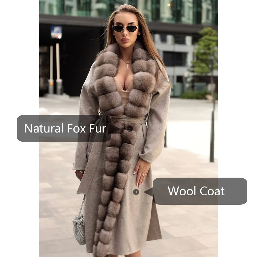 M&T Wear - Luxury Natural Wool Long Coat with Real Fox Fur Trim