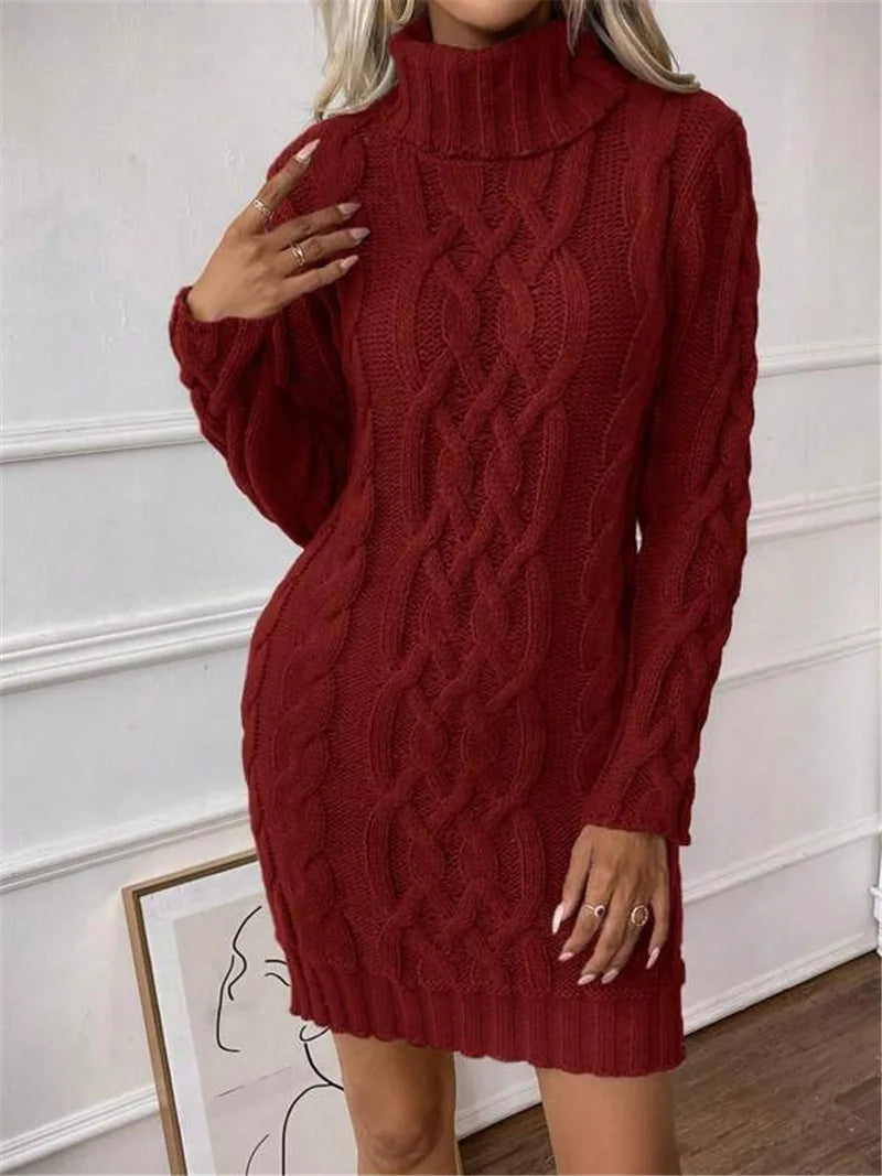 M&T Wear - Simple Slim-Fit High-Neck Mini Sweater Dress