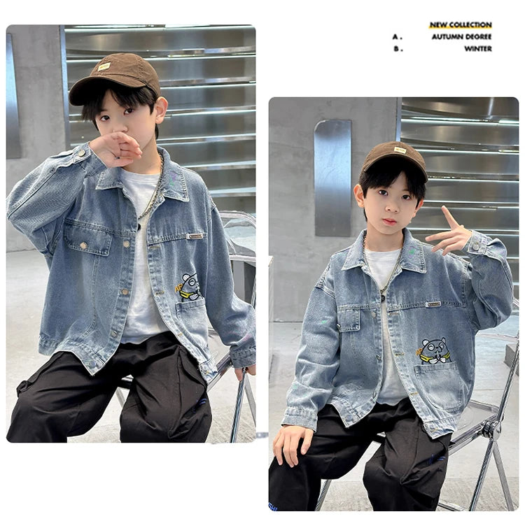 M&T Wear - Kids Denim Jacket Boys Jeans Coat Clothing Fashion Baby Boy Denim Jacket With Cartoon Embroidery Child Casual Streetwear Outfit