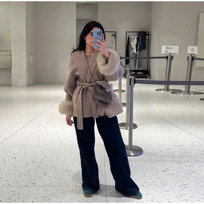 Elegant Solid Long Overcoat Women Turn-down Collar Lace Up Full Sleeve Classic Warm Coat 2025 New Lady Autumn Winter Casual Wear