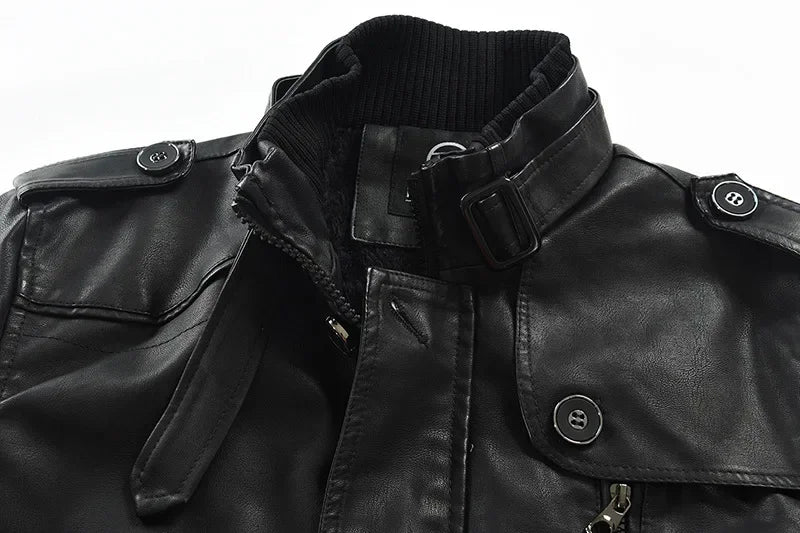 M&T Wear - Biker Jaqueta Winter Men's Thick Fleece Long Leather Jacket Coat mens Outwear Fashion Leather Warm Casual Vintage Jackets