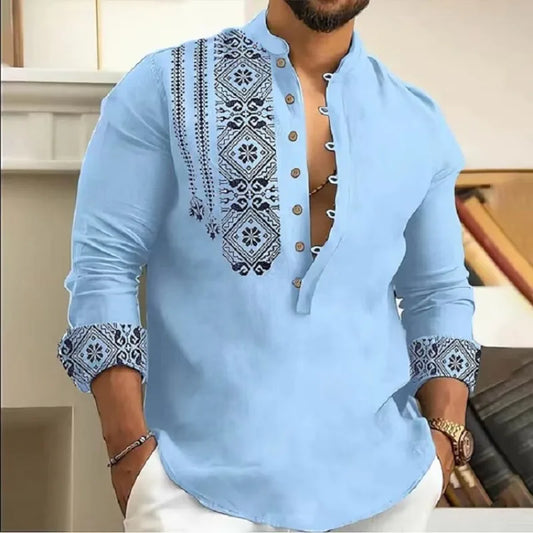 M&T Wear - New Long-sleeved Stand Collar Trendy Half-cardigan Casual Thin Shirts for Men