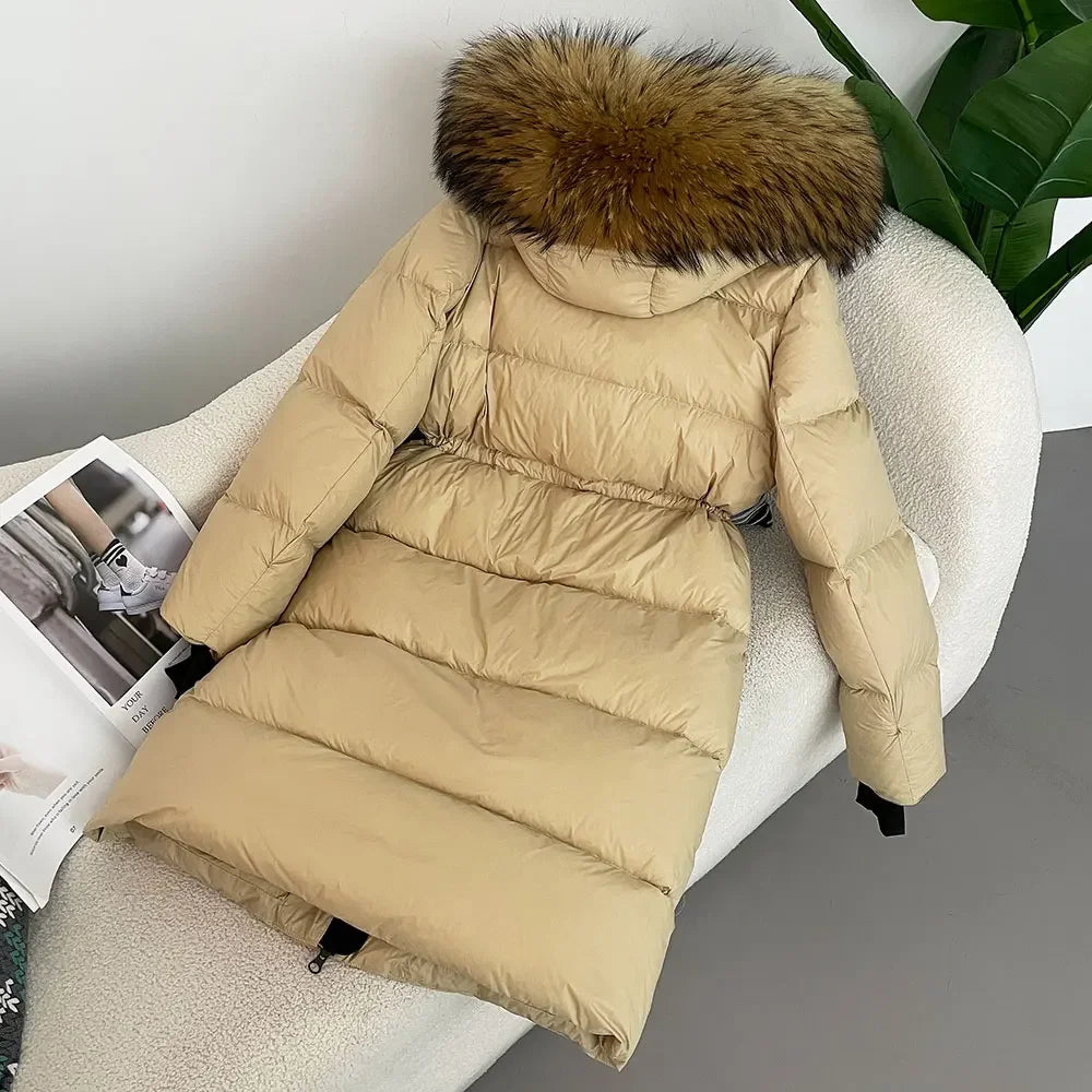 M&T Wear - Luxury Real Fox Fur Hooded White Duck Down Long Coat