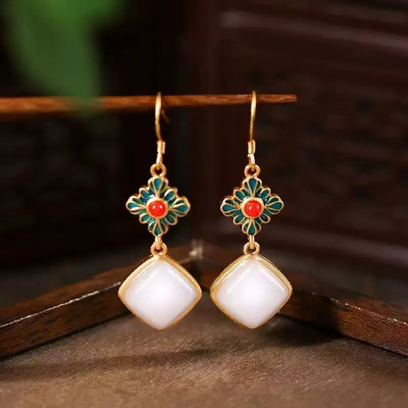 M&T Wear - Vintage Gilded Enamel Water-Drop Jade Earrings