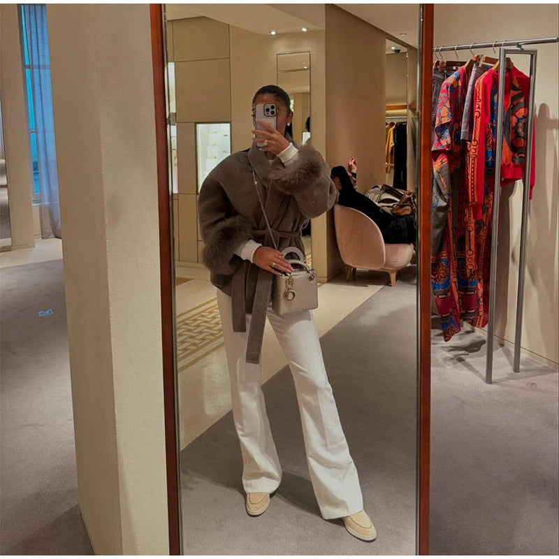 Elegant Solid Long Overcoat Women Turn-down Collar Lace Up Full Sleeve Classic Warm Coat 2025 New Lady Autumn Winter Casual Wear