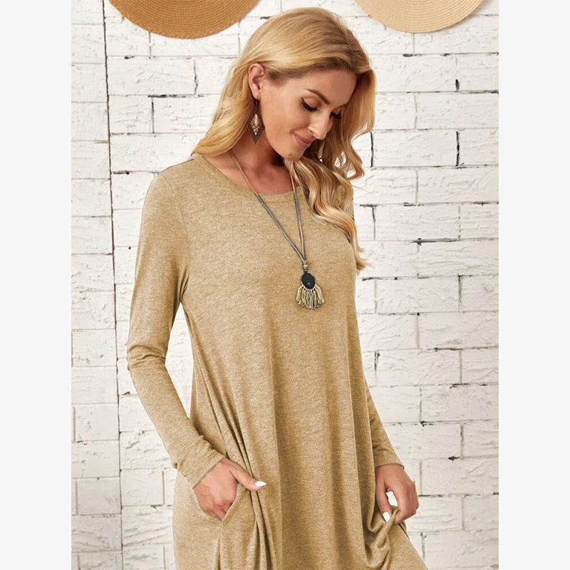 Women's 2025 Fall Winter Knit Dress - Solid Color Swing Dress with Side Pockets, Casual A-Line Tunic Dress