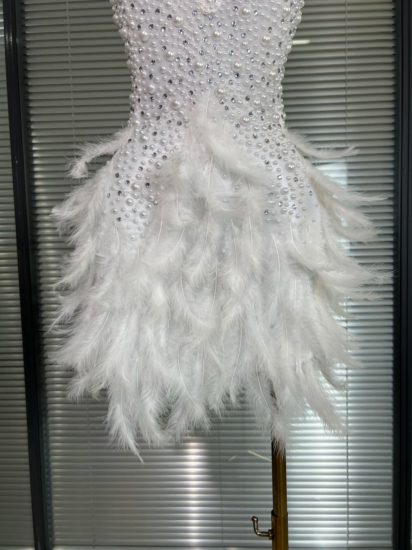 M&T Wear - Women Sexy White Backless Mesh Crystal Diamonds Feathers Performance Costume Stage Dancer Mini Stretchy Night Club Party Dress