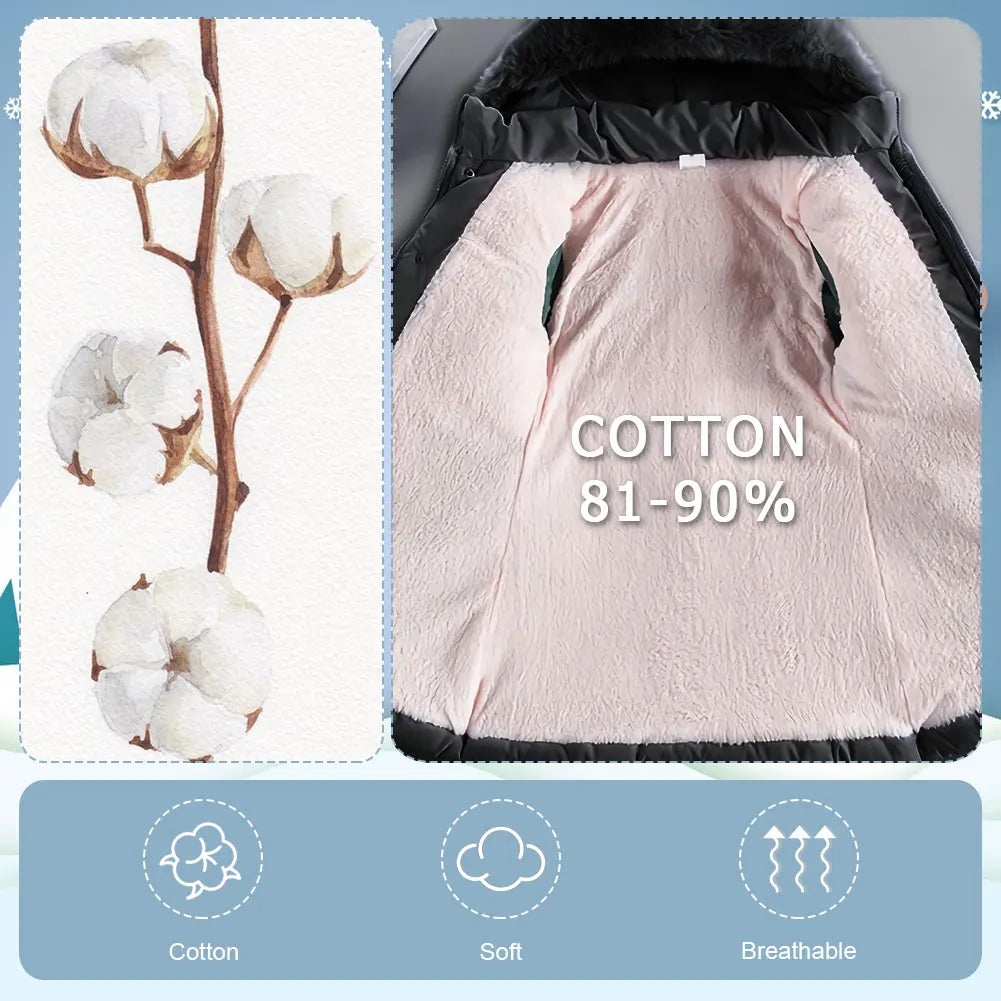 M&T Wear - Children's Winter Jacket Thick Warm Fur Collar Hood Beads Elastic Waist Teens Girls Down Coat,Fashion Windproof Kids Overcoat