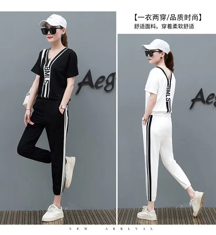 M&T Wear - Tracksuits Women 2 Pieces Sets Casual Short Sleeve V-Neck Pullover Tops Trousers Sportswear Suit 2025 New Elegant Female Clothes
