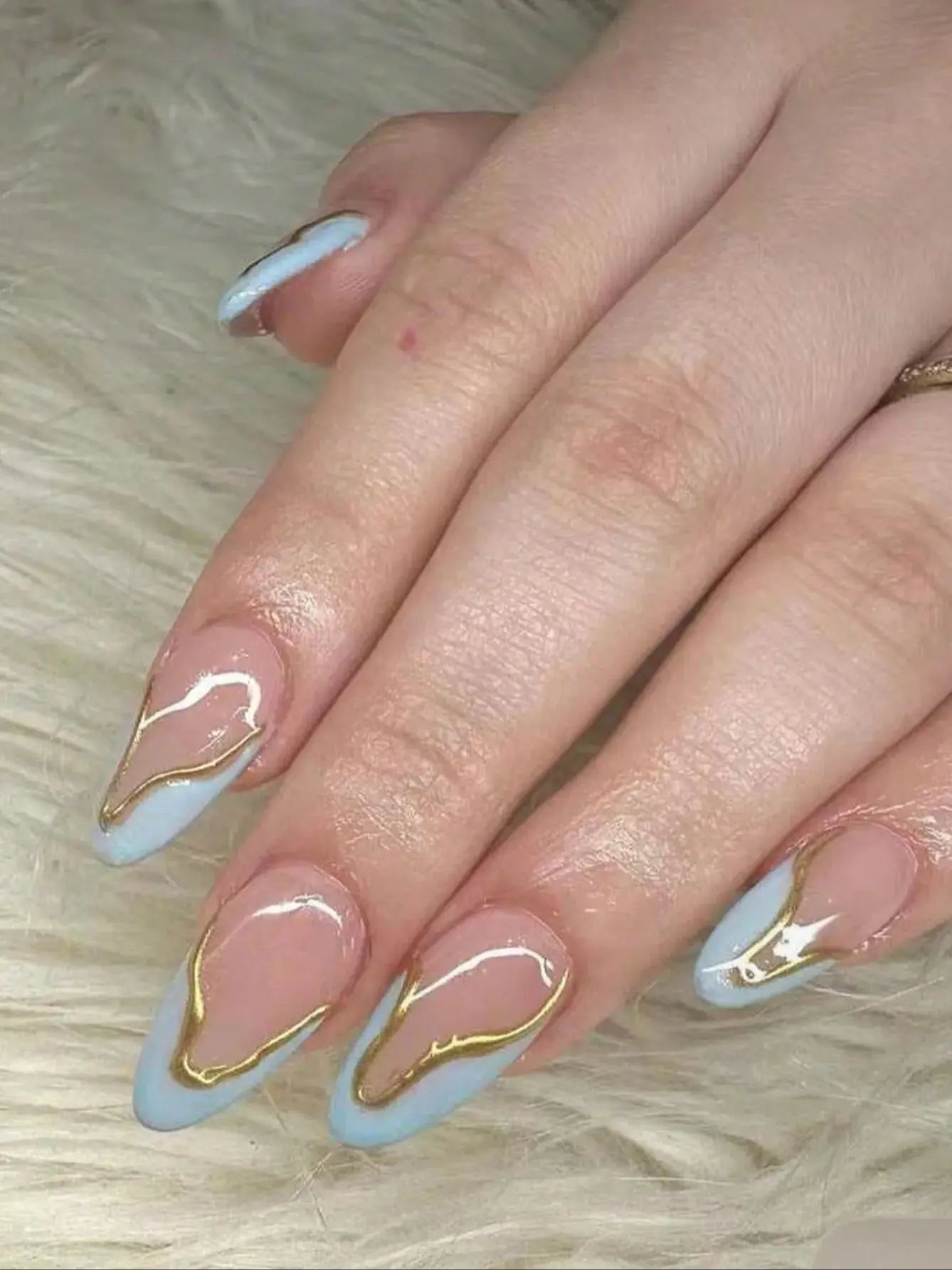 M&T Wear – 10PCS Handmade Fake Nails | Blue French Tips with Golden Accents