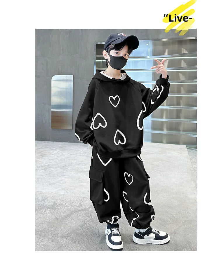 M&T Wear - Tracksuits for Kids 2025 Autumn Heart Print Casual School Boys Girls Hoodies+Pants Suits 5-14Years Teen Children Clothes Outfits