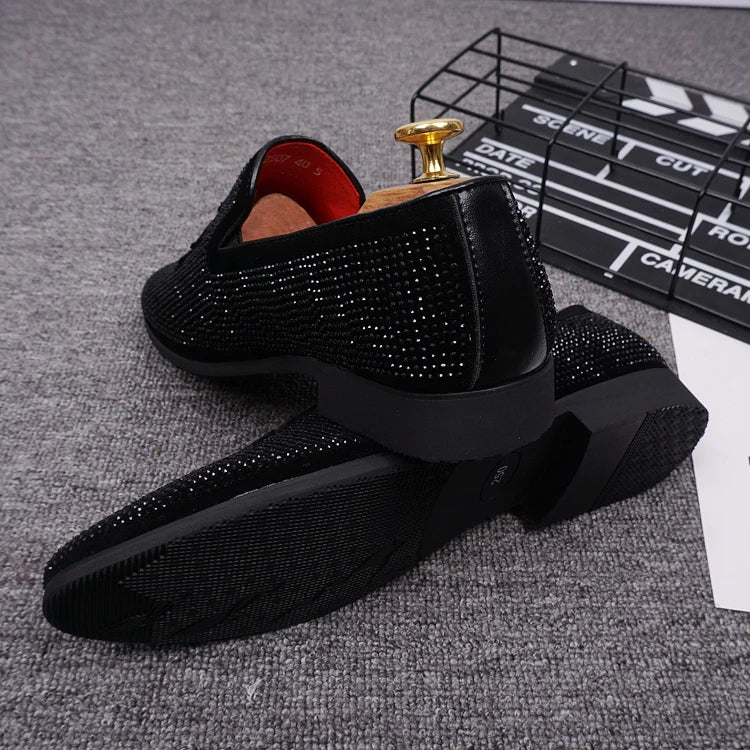 M&T Wear - New Shoes for Men Leather Casual Shoes Luxury Pointed Toe Party Dress Shoes Street Trend Slip-on Rhinestone Crown Loafers
