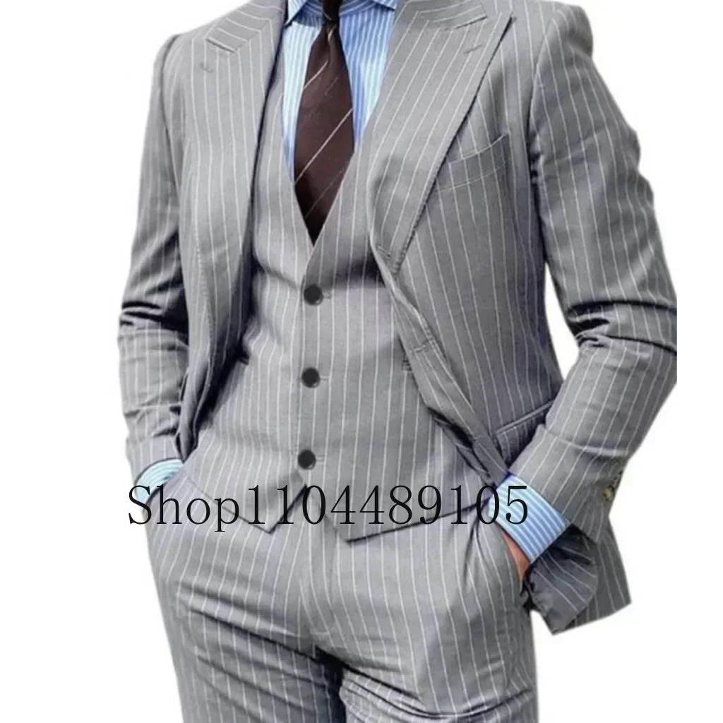 M&T Wear - Men’s 3-Piece Striped Suit – High-Quality Wedding & Formal Set