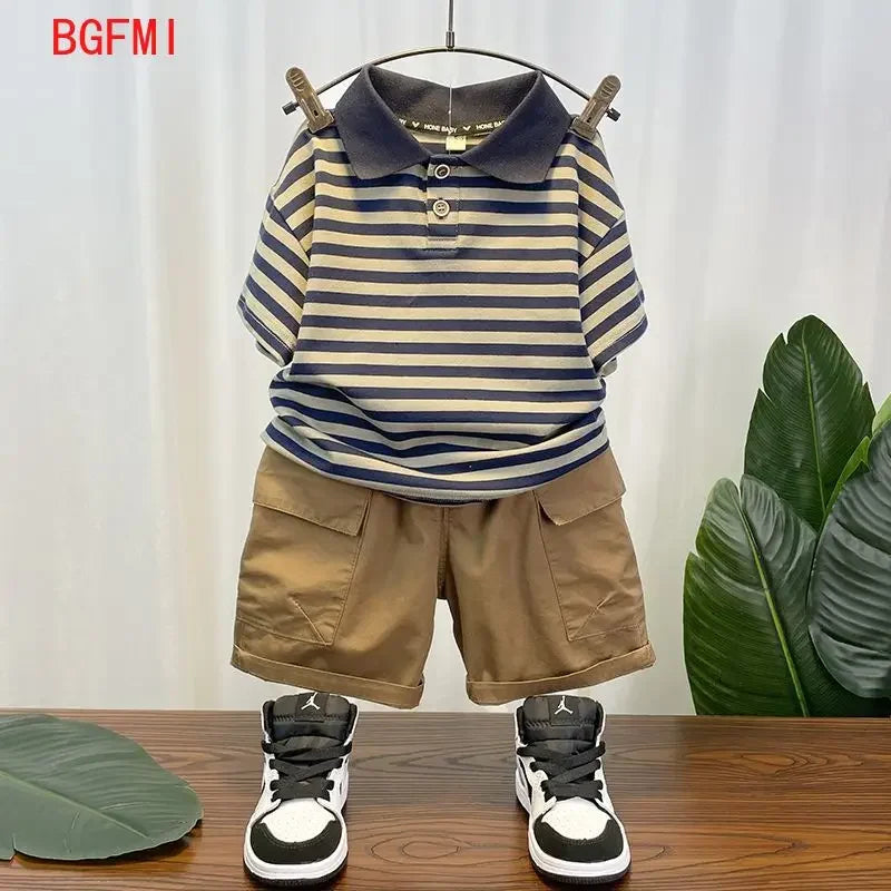 M&T Wear - Korean Children's Clothes 2025 Summer Kids Clothes Boys Outfits Baby Thin Short Sleeves Stripe Polo Shirt +Shorts Two Pieces Set