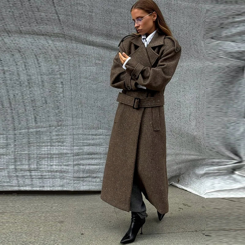 M&T Wear - Elegant Lace-Up Double-Breasted Long Wool Overcoat