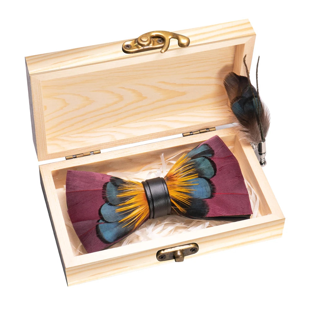 Wedding Bow Tie for Men Classic Burgundy Pre-tied Bowtie brooch wooden box Set for Party Show Butterfly Knot Groom best man Gift