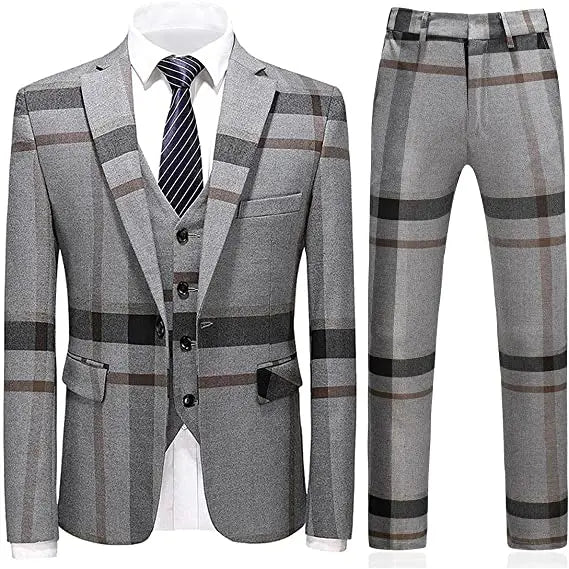 M&T Wear - Men’s 3-Piece Check Plaid Suit – Classic One Button Design