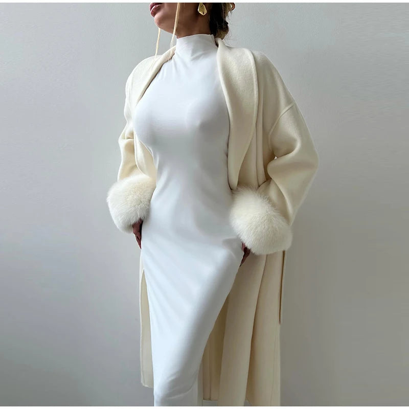 Elegant Solid Long Overcoat Women Turn-down Collar Lace Up Full Sleeve Classic Warm Coat 2025 New Lady Autumn Winter Casual Wear