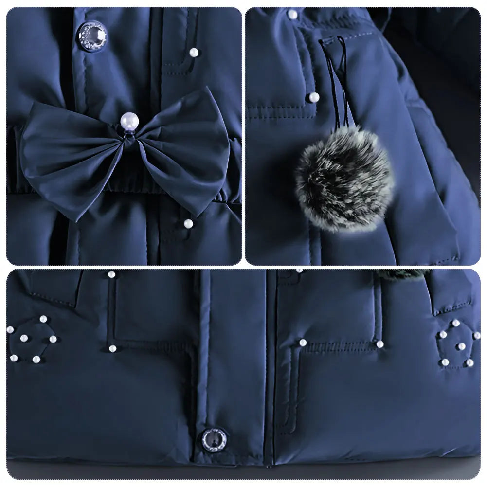 M&T Wear - Children's Winter Jacket Thick Warm Fur Collar Hood Beads Elastic Waist Teens Girls Down Coat,Fashion Windproof Kids Overcoat
