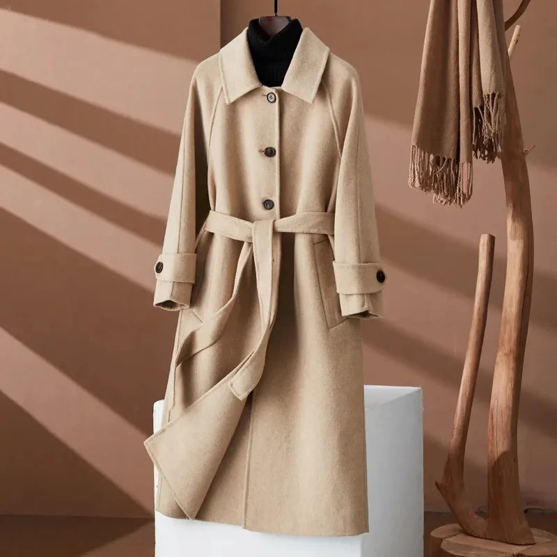 100% Wool Coat Women's Wear 2024 Autumn/Winter Fashion Temperament Double sided Cashmere Coats with Belt Elegant Long Overcoat