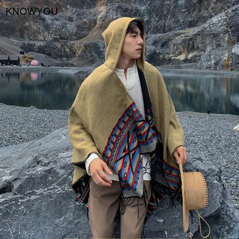 M&T Wear - Winter New Bohemian Shawl Men Ponchos Cashmere Blend Cape Coat Fringe Poncho Vintage Tassel Scarf Hooded Wraps Outwear