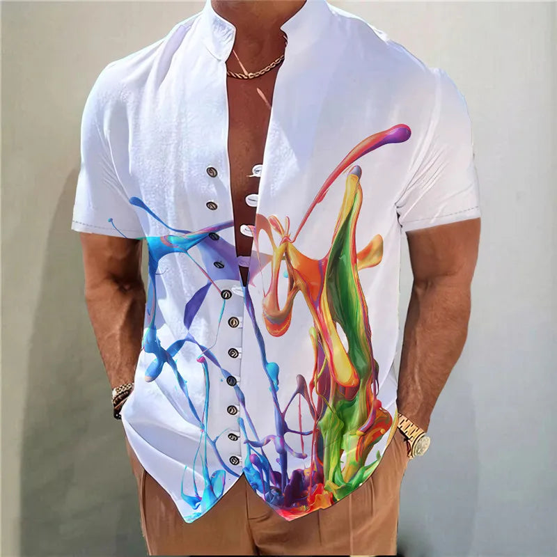 M&T Wear - Men Shirts New Print Button Shirt Fashion Stand Collar Loose Fitting Men's Shirts Casual Streetwear Comfortable